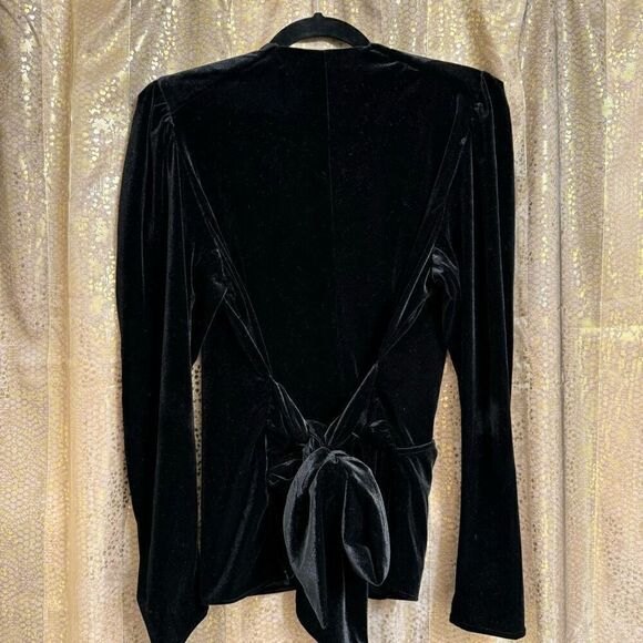 Zara Deep Black Velvet Wrap Front Tie Back Long Sleeve Bouse Medium - Picture 2 of 7